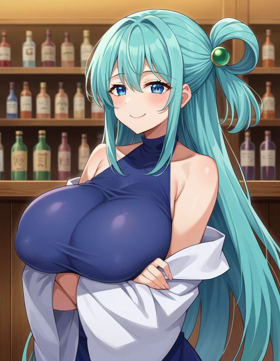 (masterpiece, official art), 1girls, solo, thick, curvy, curvaceous, blue hair, blue eyes, long hair, twintails, sona, (closeup), portrait, (gigantic breasts), (huge breasts), fluffy breasts, standing, cowboy shot, at bar, at night, looking at viewer, (upper body), grin, seductive, alluring attire, strapless tight evening dress, ring earrings, sapphire necklace, golden bracelet, open shoulders