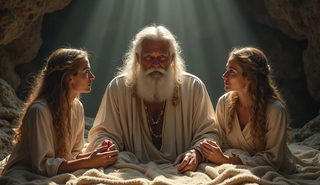 4 and 2 angels beautiful women and an elderly man being kissed in sensual clothing from biblical times with long and charming hair with 15 years of age and a gentleman with a beard and gray hair with a white beard lying down and with a Leaving a city from biblical times Sodom that is on fire coming from the sky 
