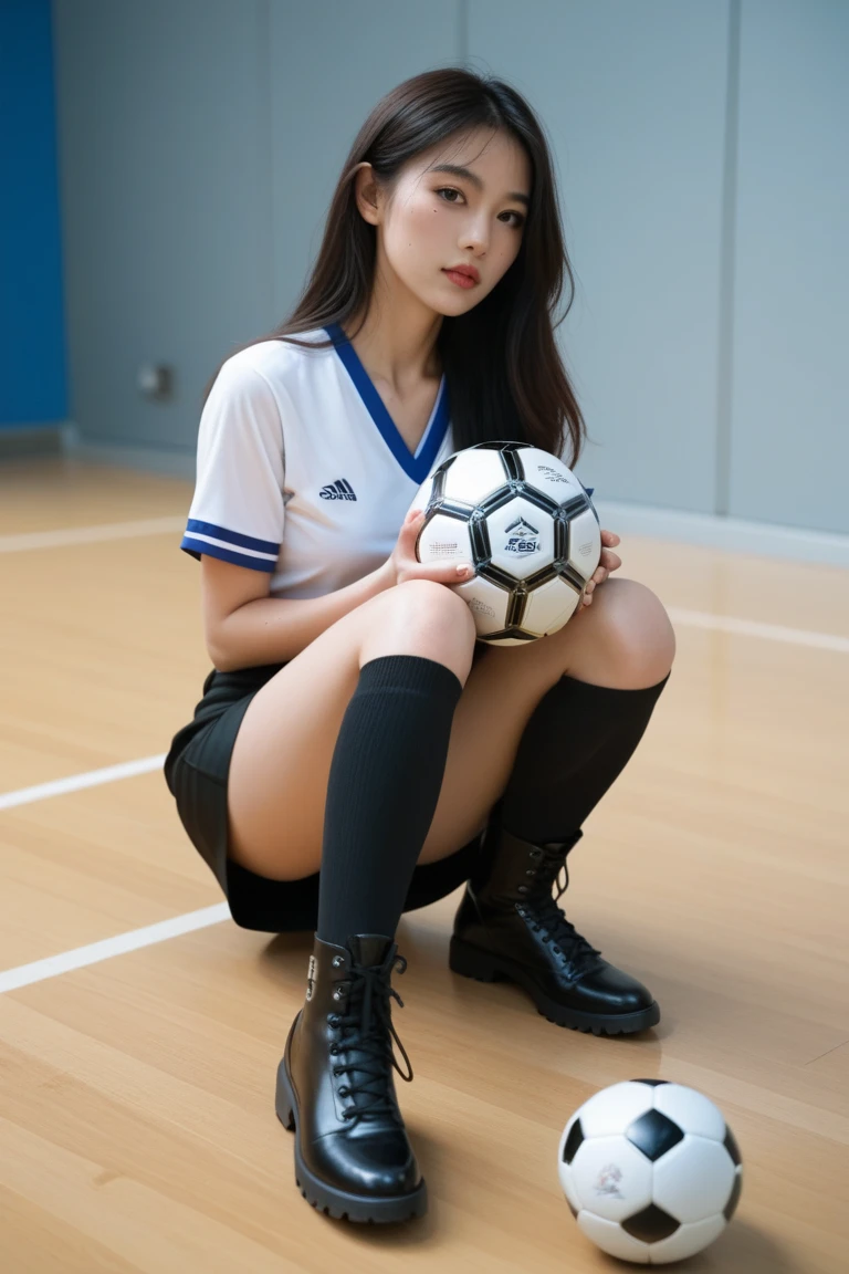 arafed female football player kneeling on the field with a soccer ball, Wear a volleyball shirt, Wearing a school football uniform, soccer ball and her feet, Professional sports style, Sporty, Portrait of Sophie Mudd, football player, Beautiful face, arms and legs, thigh, Cindy Avelino, Female model, 2 4 years old, Kylie Mandel, Araffe woman, ผู้หญิงlong hairชาวเอเชียตะวันออกเฉียงใต้ที่มีใบหน้ากลม, long hair,black eyes,abdominal muscles, thick hips, rounded chest, very large breasts, Warm light, morning sun, digital painting, HDR, high contrast), 3d, 8K, 45,000,000 pixcls,Asian girl, Gorgeous Chinese model, Japanese model, asian womanที่สวยงาม, Japanese goddess, Very beautiful girl., jaw-dropping beauty, Thai girl anime, Korean girl, Ruean Jia is very beautiful.!, irelia, asian womanที่สวยงาม, หญิงKorean girlที่งดงาม, Yun Ling, asian woman, Asian girl