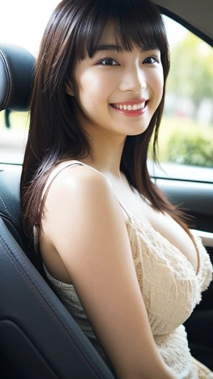 Browsing Caution,Black lace bra,uetoaya,Side view,(美しいHigh resolution32k, Absurd art), Heavy chest, charm, Written boundary depth, (Perfect Anatomy:1.2), Accurate手足, Accentuate your cleavage, First Person View, (masterpiece:1.3), High resolution, Very detailed, Very detailedな CG Unity 8k 壁紙, Realistic, photo-Realistic, RAW Photos, Beautifully detailed face, Pale skin, Realistic glistening skin, Detailed cloth texture, Detailed hair texture, Perfect body, Beautiful Face, Accurate, Anatomically correct, Highly detailed face そして skin texture, Natural neck length, (Beautiful Hそしてs), (Fair skin:1.2), (Highest quality:1.4), 32K resolution, (Realistic:1.5), (Ultra-Realistic:1.5), High resolution32k UHD, (masterpiece:1.2)), (Improvement of quality:1.4), finely,(とてもBeautiful Faceのディテール), (Highest quality Realistic skin texture:1.4),Very detailed, Symmetrical eyes, (Big Breasts:1.4), (Wide Hips), Pitch black background Night Park Passenger seat in the car smile