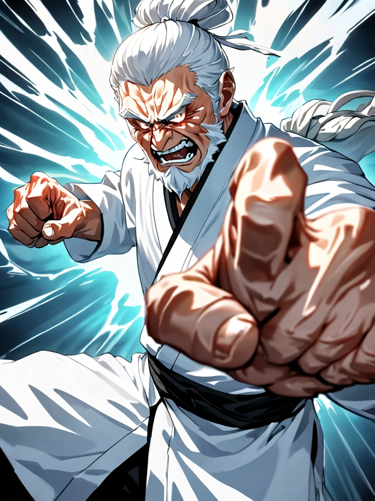 Stable Diffusion prompt: snake-shaped man, wearing a white kung fu suit, high-res detailed scales, intense and vibrant colors, dynamic martial arts pose, realistic rendering, dramatic lighting, digital painting, surreal atmosphere, glowing eyes, snake tongue flickering, intense martial arts action, intricate motion blur, vivid and captivating artwork