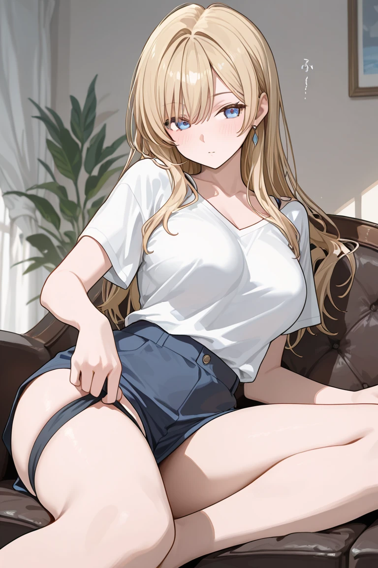 2d, Superb, (Masterpiece), (Full length), (Glossy blonde:1.6), Shortcuts, (Brown beautiful girl), (Healthy dark skin), (Sunburn mark), clavicle, (Denim hot pants:1.3), (Tank top), JK, Glamorous Bare Feet, Leg hair, Brown Eyes, Attractive thighs, Big Breasts, bedroom, On the bed, Light from the window, Sexy expression, Sweaty, Wet Hair, Drops from hair,Put your hands on your chest, Breathless, Bold pose