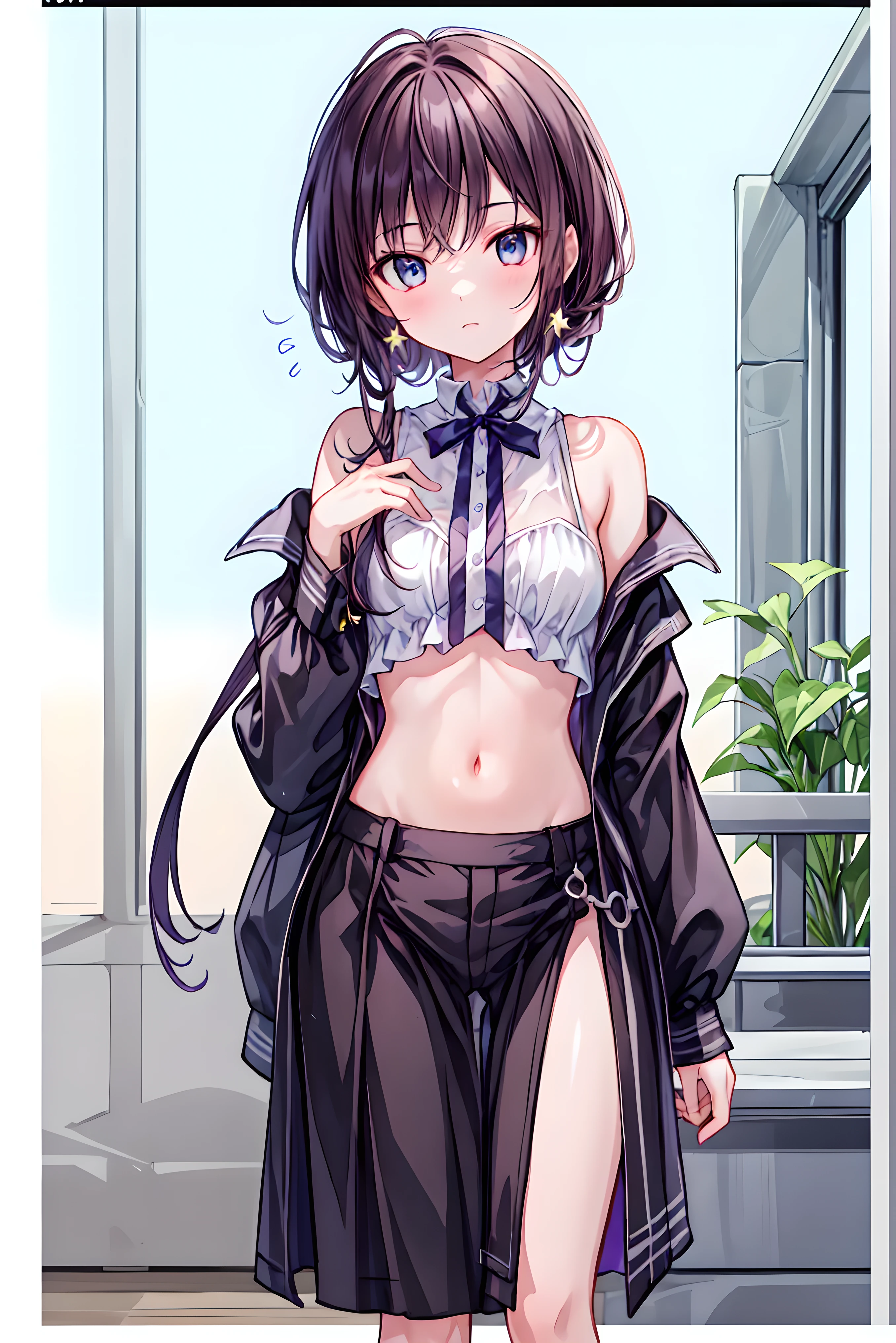  1girl, solo, breasts, looking at viewer, short hair, bangs, blue eyes, large breasts, simple background, shirt, black hair, white background, navel, animal ears, hair between eyes, swimsuit, white shirt, bikini, stomach, clothes lift, blurry, underboob, white bikini, shirt lift, looking down, from below, horse ears, lifted by self, horse girl