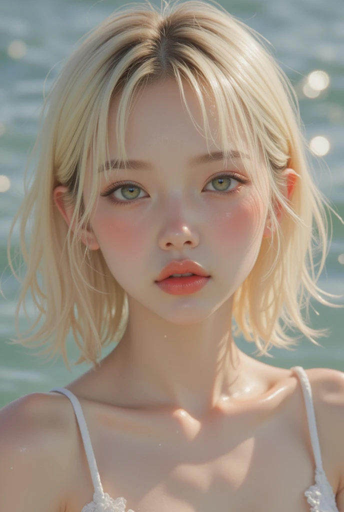 one girl,solo,Blonde Bob,, Slim,Xiaoyan, height 155 cm, light clothing,wet,Taco Chu ,Moisturizing Lips,Tarako lips,pouting