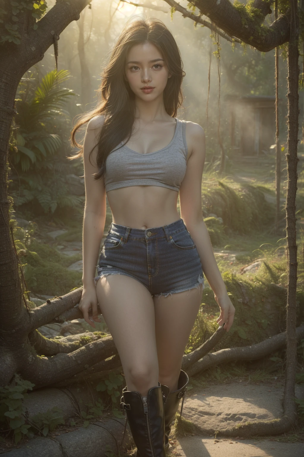 (best quality,ultra-detailed,realistic:1.37), a hot woman with short hair and flawless skin, wearing a stunning hot pants, walking in the mysterious dense tropical rainforest deep inside the jungle, (intricate,meticulous detailing), (thick fog, misty, raining, wet, dark), capturing her captivating beauty from an intriguing low angle perspective.