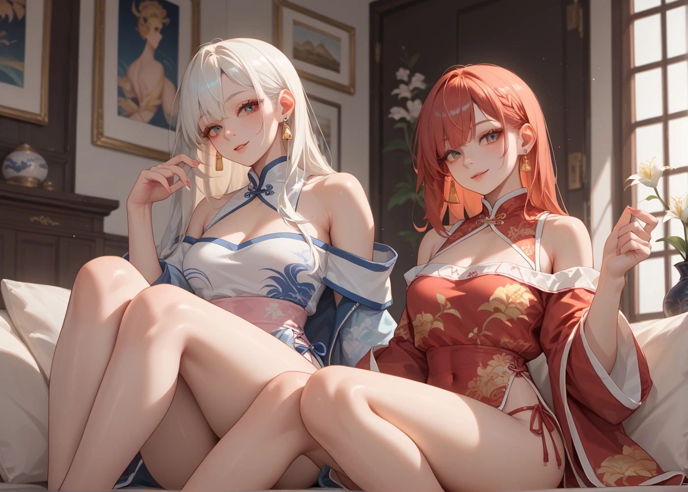 ((8k resolution))、((highest quality))、((masterpiece))、((Very detailed))((((dramatic))), (Anatomically correct)、The depth of the object to write、perspective:Spy Camera、front、2 people、woman、Mother and daughter、Slim but muscular body, Toned arms, length, Thin legs, Center of chest、Athletic Presence,(Hairstyle:undercut 、Long Red Hair、Flower Hair Ornaments、Three white eyes、Double teeth、smile、Embarrassed expression)、Completely naked、take off your clothes、pubic hair、(theme、whole body:1.1)、Early summer background、Fresh greenery、Japanese-style room