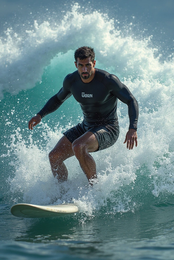 (superfine illustration, Best Quality, Ultra-detailed:1.5), (Latin American male, tanned, wet:1.3), (male focus, solos, surf, Perfect fingers, Perfect hands, male body:1.5), 25 years old, joyful smile, (rash guard:1.3), beach as background, from above, dreadlock, male hair, messy hair, no sidelock, hair pulled back, male face, male eyebrows, sharp eyes, sharp nose, forehead, dynamic angle,