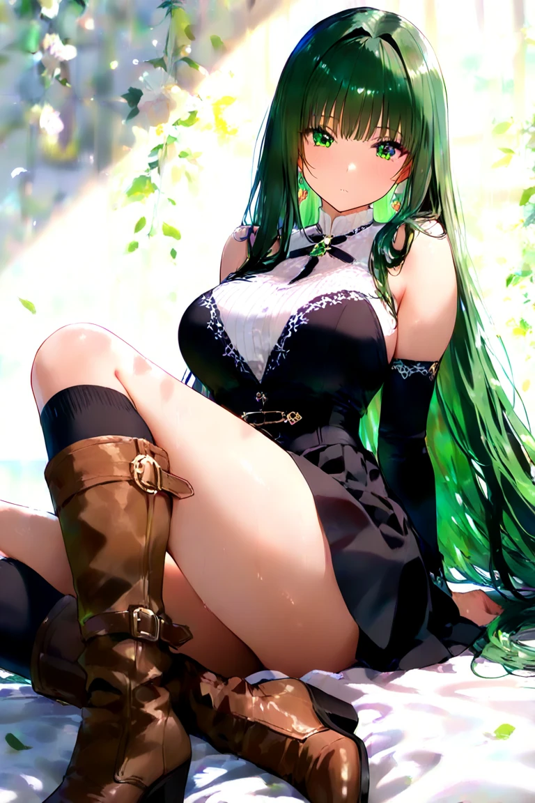 highest quality、All limbs、full finger、Slender beauty、straight hair、brown hair、Dereste、green, white and purple idol costume、high socks、beautiful big breasts、live stage、big smile、((tits、nipple、no panties、live stageで性的誘惑してる))、Love juice dripping from the pussy