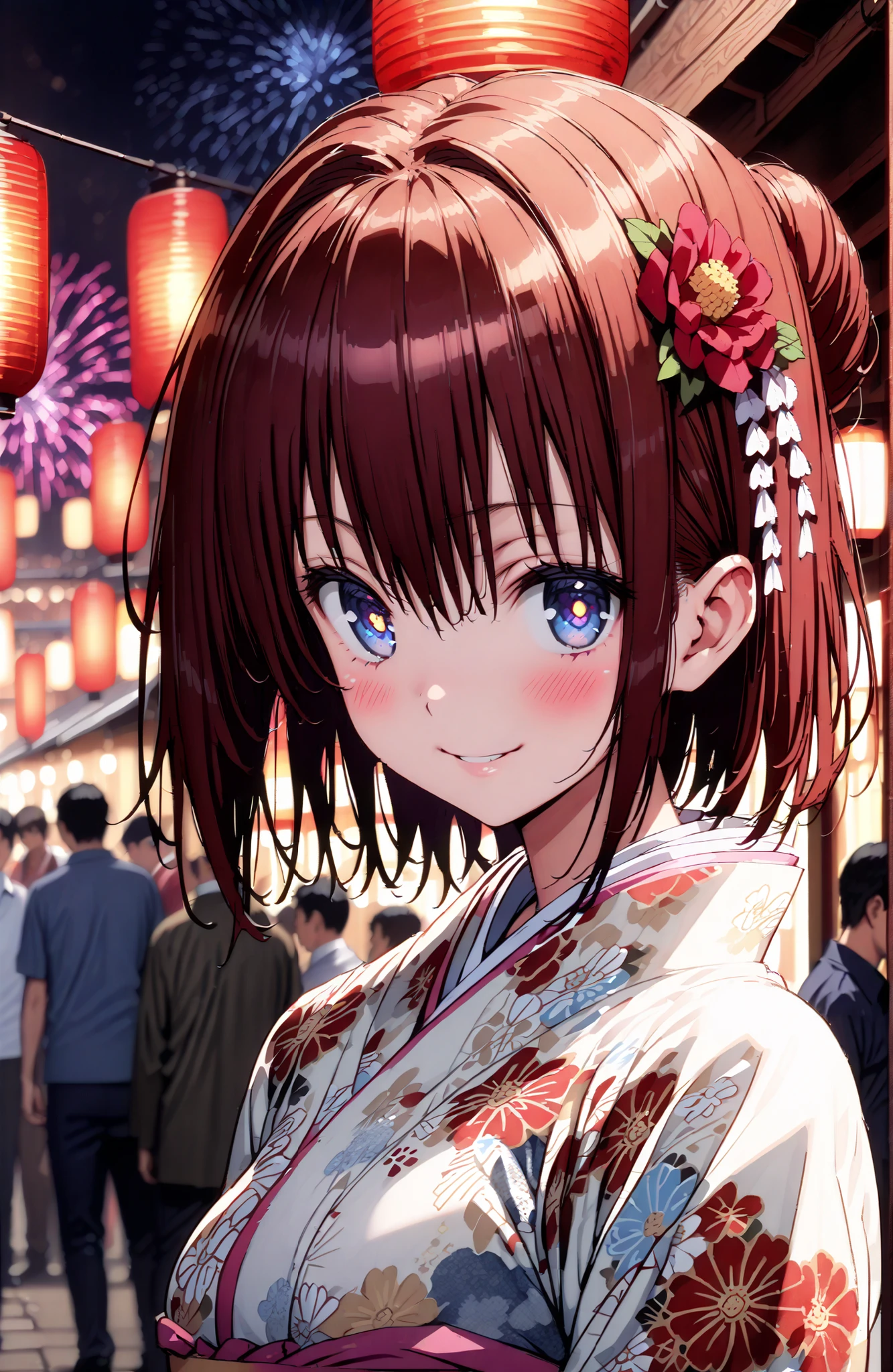 Kurosaki Mea ,solo, stupid hair, blue eyes, red hair,long hair,stupid hair,side lock,single bun hair,Nape,flower hair ornament with ears, red flower pattern kimono,Medium breast,smile,blush,grinning,Light up fireworks,Japanese stalls ,Red Lantern,standing,crowd,in their 40s outdoors, Japanese Festival,full bodyがillustrationsに入るように,,
in their 40s looking at viewer,full body,
in their 40s (masterpiece:1.2), best quality, high resolution, Unity 8k 壁紙, (illustrations:0.8), (beautiful detailed eyes:1.6), very detailed face, perfect lighting on the table, extremely detailed CG, (perfect hand, perfect anatomy),