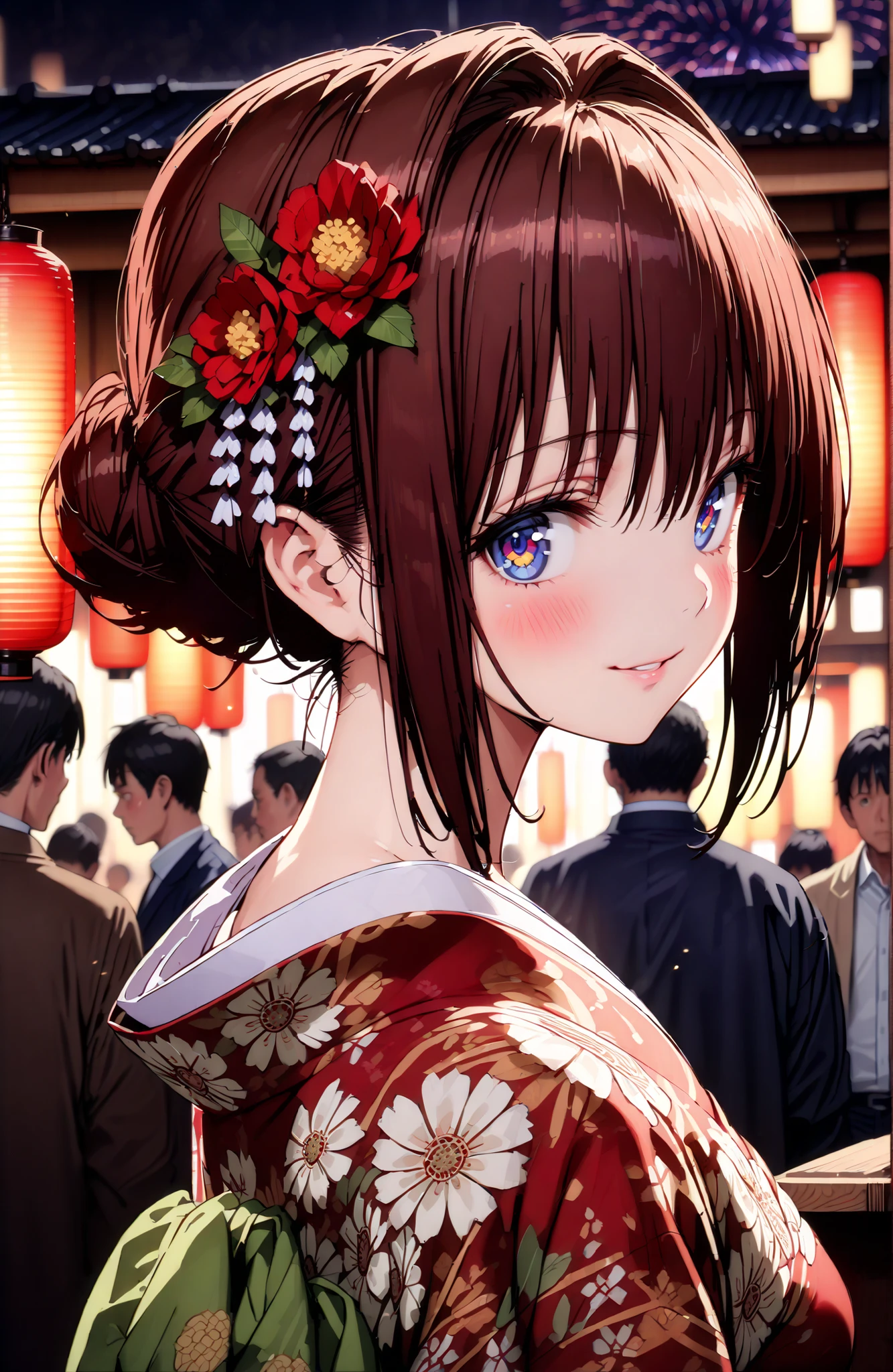 Kurosaki Mea ,solo, stupid hair, blue eyes, red hair,long hair,stupid hair,side lock,single bun hair,Nape,flower hair ornament with ears, red flower pattern kimono,Medium breast,smile,blush,grinning,Light up fireworks,Japanese stalls ,Red Lantern,standing,crowd,in their 40s outdoors, Japanese Festival,full bodyがillustrationsに入るように,,
in their 40s looking at viewer,full body,
in their 40s (masterpiece:1.2), best quality, high resolution, Unity 8k 壁紙, (illustrations:0.8), (beautiful detailed eyes:1.6), very detailed face, perfect lighting on the table, extremely detailed CG, (perfect hand, perfect anatomy),