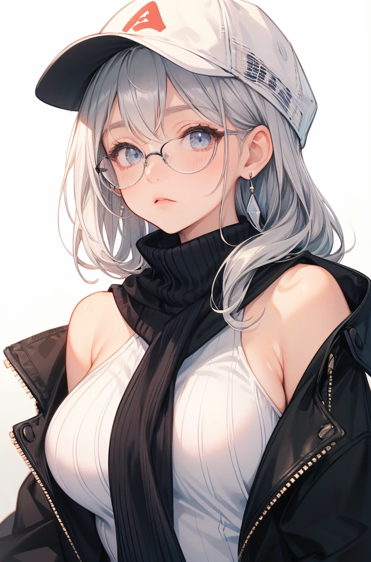 (Top resolution、Distinct_image)top-quality、femele、​masterpiece、ighly detailed、Semi-realistic、dark blue hair、Dark hair、grey  eyes、bangss、21years old、Mature、young、comfy clothes、Exquisite facial features、Facial features, grey color shade hair, glasses, white background, tan skin, (dark skin), gray hair