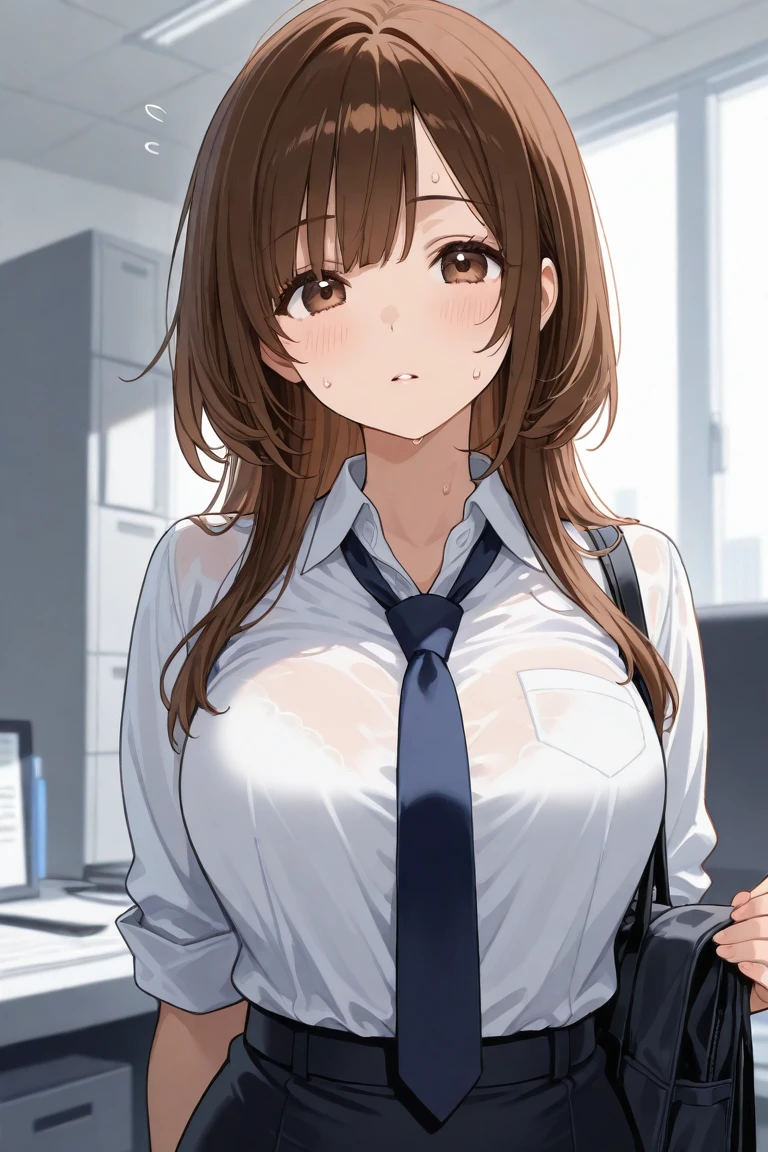 A sweaty woman with brown hair is cooling off in front of a fan in an empty conference room, her shirt open to reveal her cleavage.