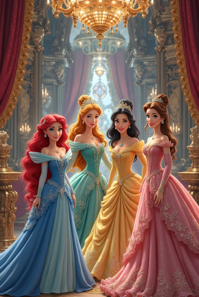 a blonde princess wearing a pink dress, a red-haired princess wearing a blue dress and a brunette princess wearing a yellow dress. the 3 sitting down talking and watching a movie