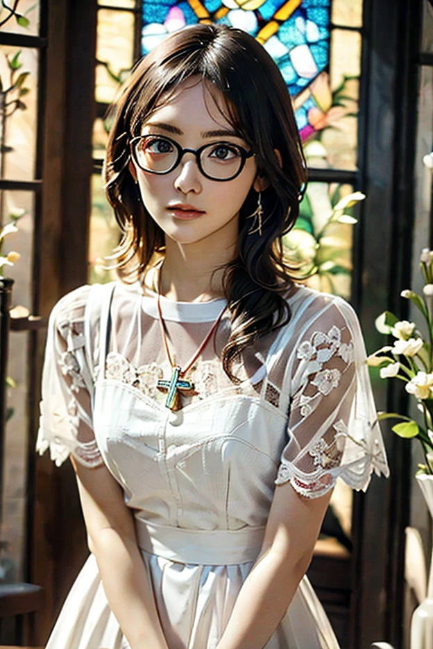 (best quality、masterpiece、high sensitivity、high resolution、detailed depiction、depicting a delicate face、Ｆvalue：6.0),((Slender Woman、wearing glasses)),Sister Outfit、church stained glass、 cross pendant、Give a kiss to、
