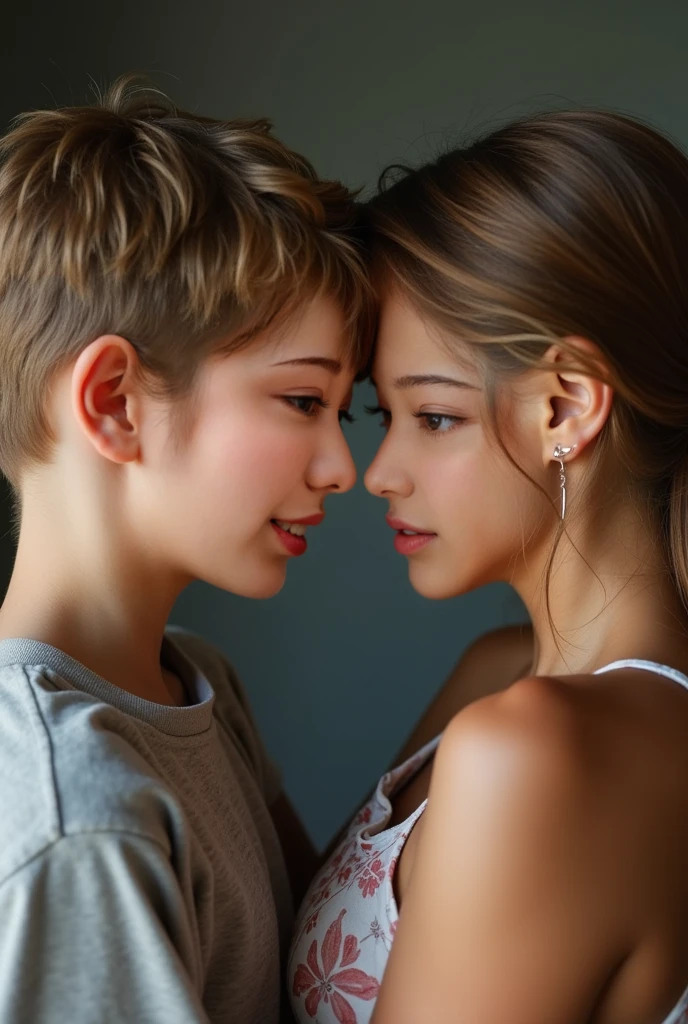 Young boy have head between two woman .