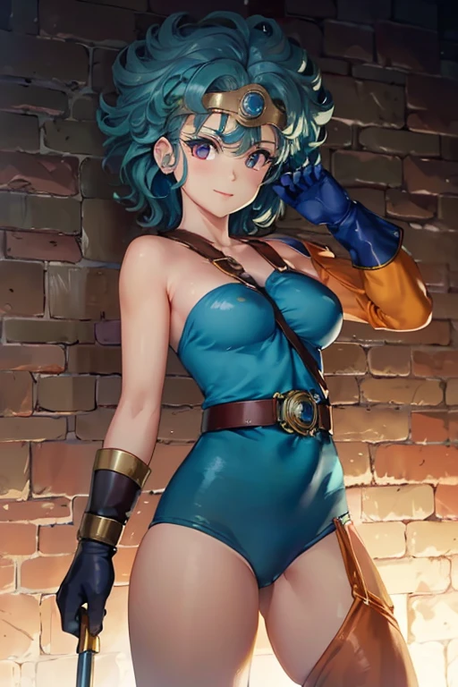 masterpiece,1 girl, Beautiful Eyes ,smile, Puffy eyes, Highest quality, Cinema Lighting, beautiful, Body facing forward, Face close-up, 8K, Detailed face, Bright lighting、Professional Lighting, Looking at the audience, Look straight ahead, Diagonal bangs, Bright light Blue Hair, Nogizaka idol, 20-year-old, masterpiece, shape, Sage_(dq3),Blue Hair, Circlet, Red eyes,Small breasts, Yellow gloves, White Dress, belt, Cape, boots, kneel on one knee, be in flames, a near-death situation, cowboy shot, from front