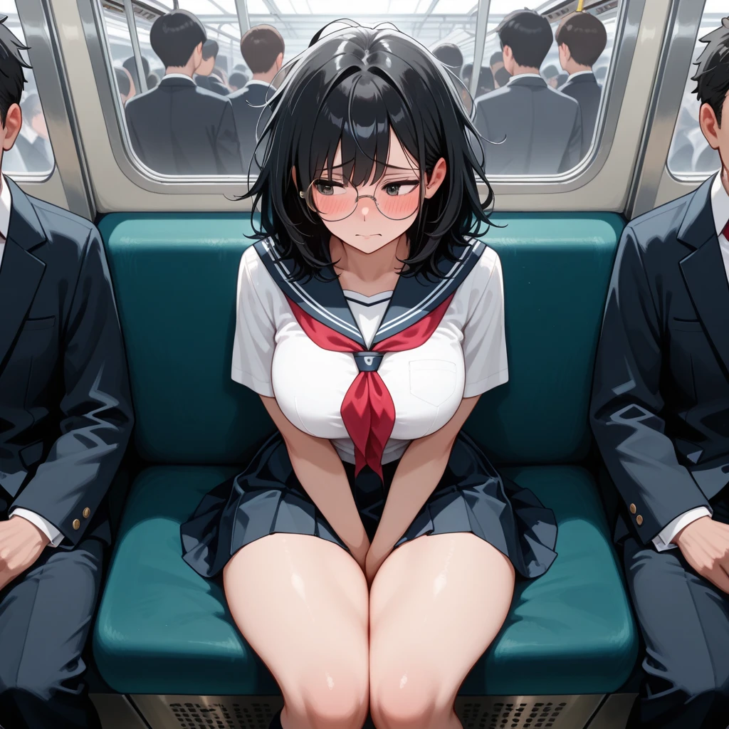 summer、on the train、thick、Sweat、、high school girl、summer服のセーラー服、、Low length、(((((Eyes hidden by long bangs)))))、(((Long black hair:1.2 hair band)))(((Black-rimmed glasses:1.2 black eye)))、Strong sunlight、thicksummerの昼間、crowded train、Look at this、Front view、Full Body Shot、Lift your shirt、your 、Beautiful breasts、(((Touching breasts from behind))), (((A small, elderly man presses his chest against the back of a young woman))) and (((Hold her waist)))、Nipple massage、I can see her 、(Big Breasts)、Old man talking in ear、Surrounded by a large group of middle-aged men、Orgy、Sweatだく、Sit with your legs apart、Middle-aged man licking his neck、Sweatだく、、Grit your teeth