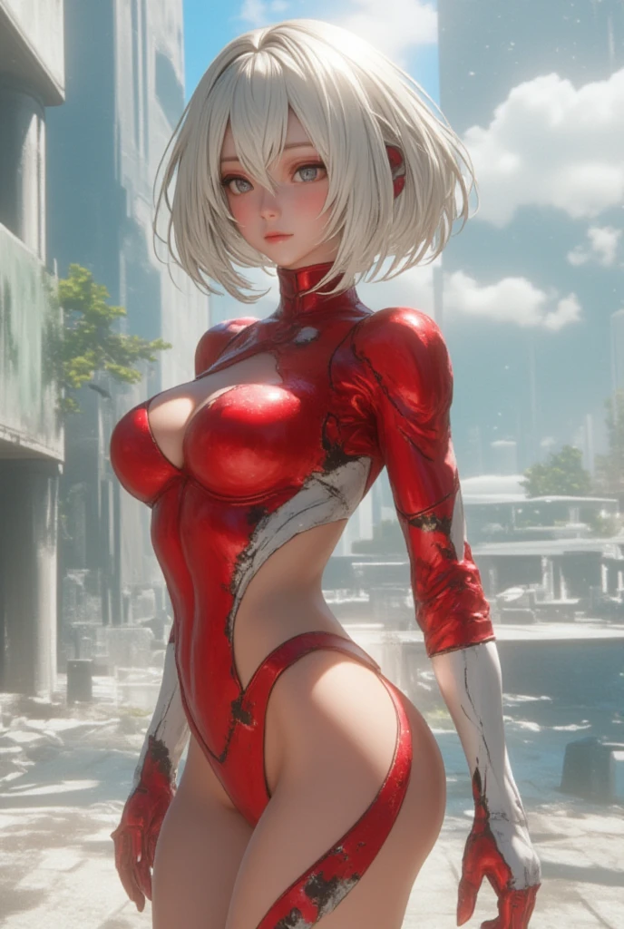 masterpiece, best quality, 1girl, medium breasts, leotard, red leotard with white accents, sleeveless, midriff, bare legs, boots, matching boots, bracelets, city backdrop, solo, single, standing, heroic, full body shot, cowboy shot, beautiful detailed eyes, medium hair, superhero, glow, powering up, light particles