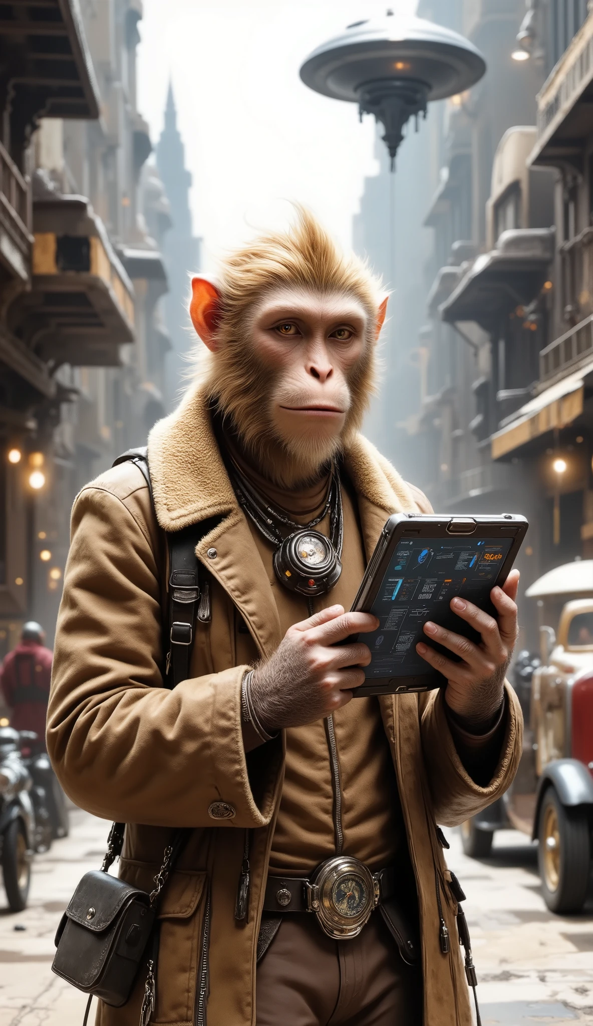 Depict a monkey standing in a bustling street that blends multiple time periods—ancient stone architecture, 1920s cars, and futuristic hovercraft coexist. The monkey, a time-traveling historian, wears a sleek chronometer device around its neck and holds a digital tablet displaying timelines. Its tawny fur is slightly ruffled by temporal winds, and its amber eyes scan the chaotic scene with calm focus. Use SeaArt AI with high-definition rendering, a dynamic composition blending historical and futuristic elements, and a slightly distorted, surreal filter to evoke the fractured timeline."
