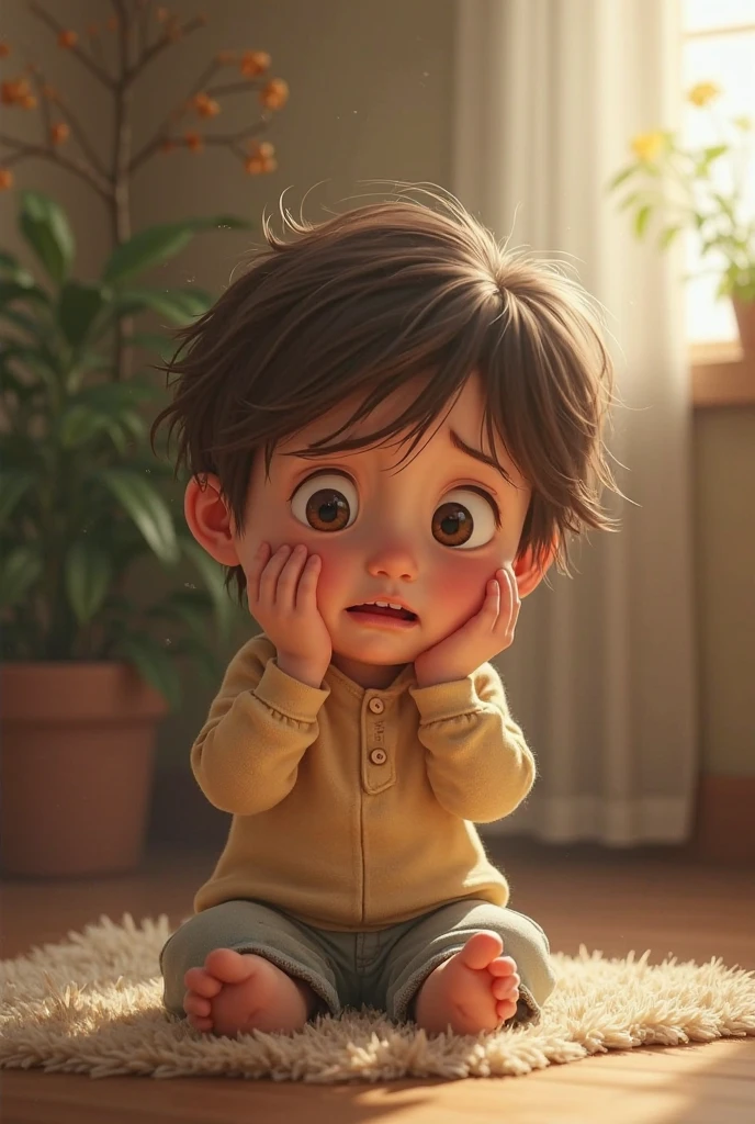 A sad sad 3 year old boy at home, pixar style, cinematic, masterpiece, high-aesthetic, realistic