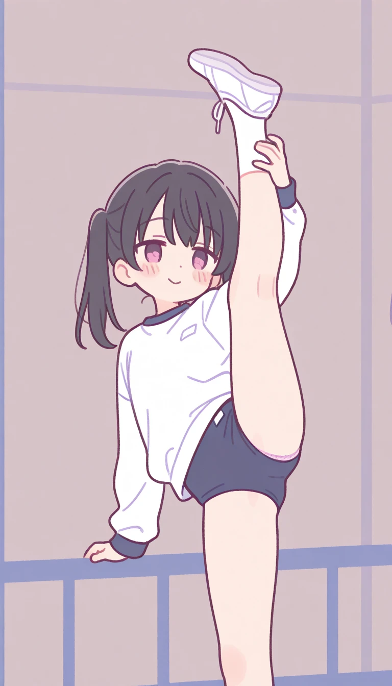 score_9, score_8_up, score_7_up, source_anime, best quality, masterpiece, official art, absurdres, highres, ultra-detailed,waifu2x,Collection: Slice of Life,break,1girl, very short hair,pixie cut, long bangs, glasses, uniform, small breasts, sweat, open mouth, (wavy mouth:0.3), indoors, gym, stretching, summer, break,(clear line illustration:1.2),very high resolution, very aesthetic, super detailed skin, Best sexual lighting powered by famous artist, 8k,cute picture,beauty illustration,photoshop_(medium),,(Detailed Lighting),best anime 8k konachan wallpaper, pixiv contest winner,