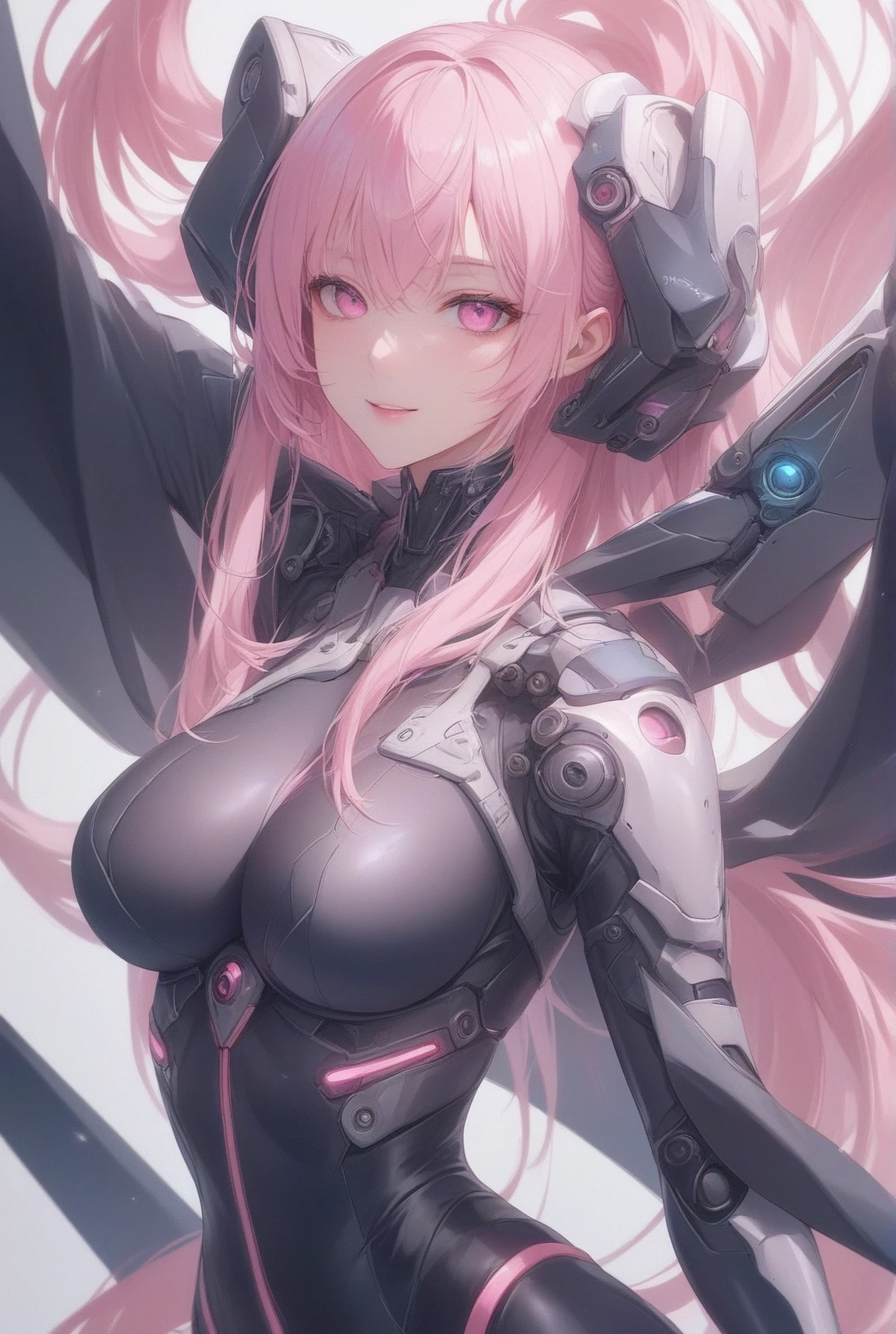 1girl,solo,pink hair color,long hair,light blue eyes,gigantic huge breasts,Wearing black sci-fi armor,Armor adheres closely to body lines,Cyber mask covering mouth,expressionless,icy stare,cold expression,Ruthless,disgusted eyes,close mouth,looking at viewer,standing up,Inside a cyber spacecraft