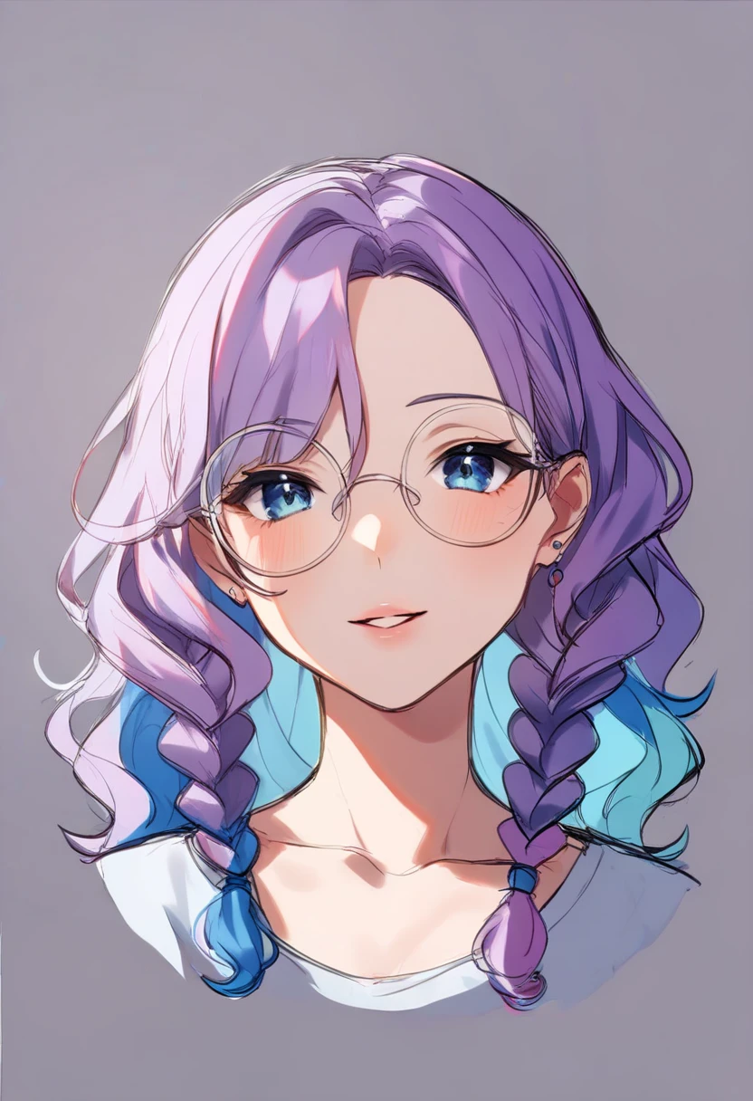 Twintail , dark lavender purple hair ,blue eyes , Eyeglasses 