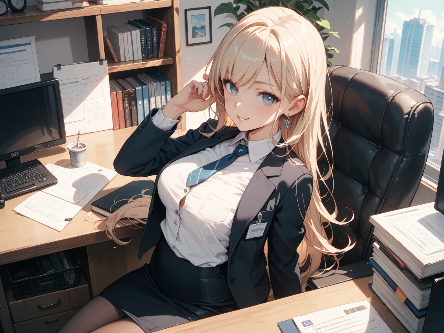 Eliris Penser, eriri sawamura spencer, Blonde Hair, blue eyes, Blunt bangs, hair band, Princess Cut, ponytail long hair, happy smile, smile, Open your mouth,OL, Akagi glasses, Black suit jacket, Collared jacket, White dress shirt, Collared shirt, Neckline, button, Black pencil skirt, Black Pantyhose,Stiletto heels,Arms crossed,sit cross-legged on a chair,There is a computer on the table,touch typing,whole bodyがイラストに入るように,sunny,Daytime,
break indoors, Office break looking at viewer, whole body,
break (masterpiece:1.2), highest quality, High resolution, unity 8k wallpaper, (shape:0.8), (Beautiful details:1.6), Highly detailed face, Perfect lighting, Extremely detailed CG, (Perfect hands, Perfect Anatomy),