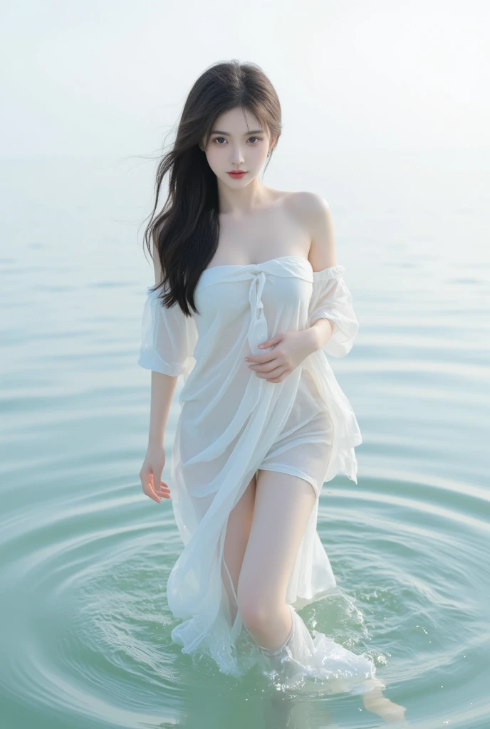 In the clear blue sea、Wearing a white hoodie fluttering in the wind、A woman、Standing on the waves。her hair is long、Bright white、Swaying in the waves。Red Eyes,Wet clothes、Not worn、Not worn、Focus on your nipples, Large Breasts