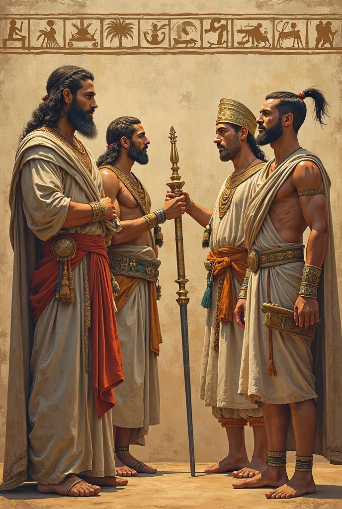 Sumerians, Babylonians, Assyrians, Ancadians, Phoenicians, Persians, and Hebrews stood in a row, one person from each tribe.