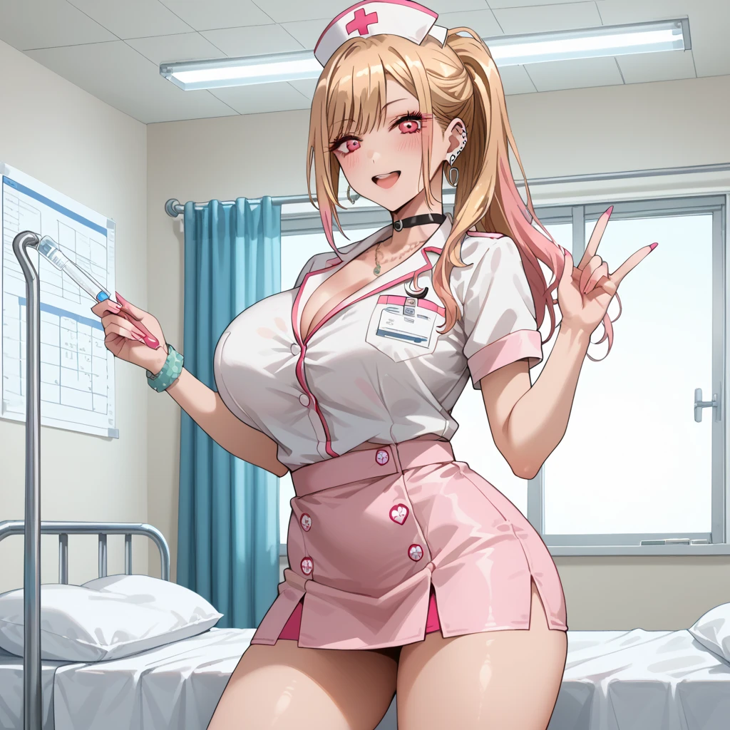 (((Solo)))、(((Big Tits、naked、Erotic)))、Big Lips, Blonde, Pink Eyes, 、Apply pink lip gloss, The Face of Japan, Improve, Both sides up, hugeな胸, Wide Hips, sexy, Pink Theme, cute, detailed, Pink Room, Decora, bangs, Improve outfit, cute, Pleated skirt, Cleavage, hugeなおっぱい, huge , Dynamic pose, Dynamic Angle, (Leopard print panties in full view)、(Nurse uniform)、sit、Leg spread