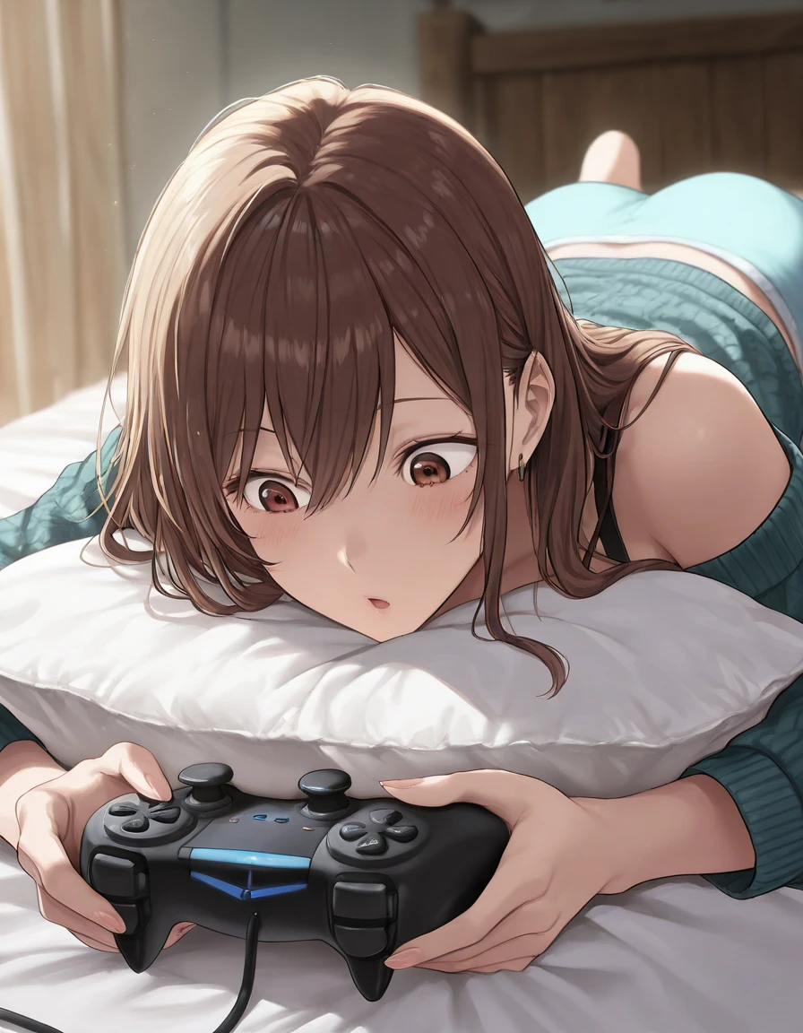 ochako uraraka in loose long clothes sitting on a pillow playing video games