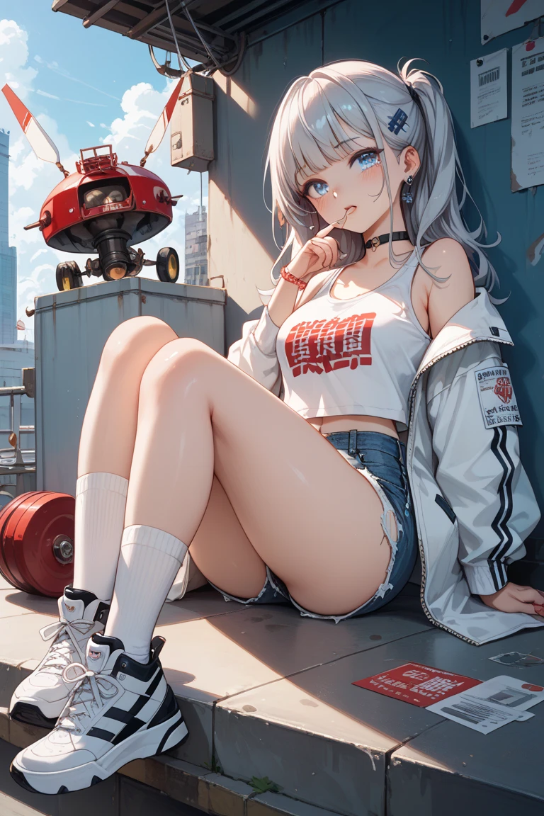 14 years old, school girl, sports bra, short , ponytail, fit clothes, red eyes, silver hair, camel toe,Lying with legs spread, Translucent dress,