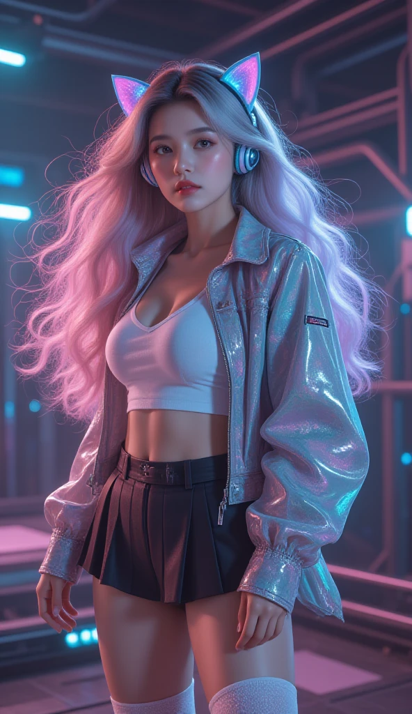 A woman with hair in shades of sky blue and pastel pink, braided with shiny pearls, wearing a blue sequin jacket and pink vinyl pants, blue headphones with crystals, dancing between holographic musical notes and soft lights, with colorful necklaces and shiny boots, sophisticated and contemporary style, 8k. She is looking directly at the camera with a beaming smile.