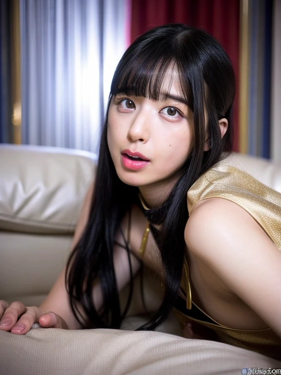 (High resolution:1.3), (16k, Photorealistic, Raw photo, Best image quality: 1.4), Japanese, (One Girl), Beautiful Face, (A vivid face), (Black-haired、Long Hair:1.3、bangs:1.2), (Black Eyes 1.3), Beautiful Hairstyles, Realistic eyes, Beautifully detailed eyes, (Realistic Skin), Beautiful skins, attractive, 超A high resolution, Surreal, High detail, Golden Ratio, Highly detailed background, Realistic Background, Focus on the whole, Highly detailed cute girl,(20-year-old), room