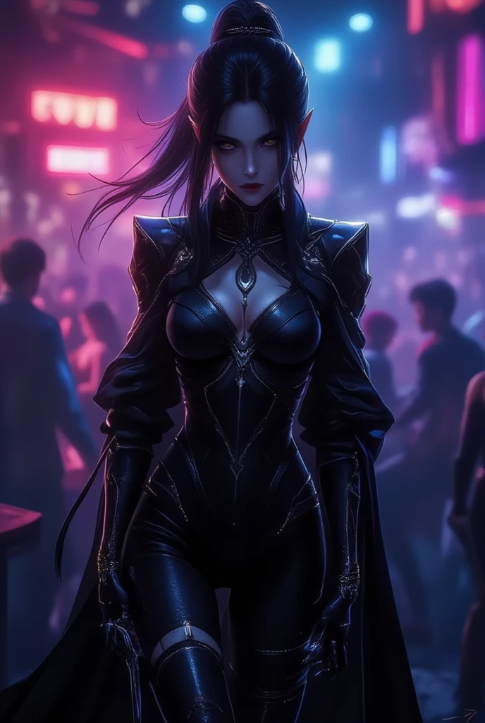 Una imagen Hyperrealista, desde arriba, ((beautiful Bayonetta, woman, very long black hair, purple eyes, pale body, neckline, dynamic view, clear glasses, running into the battle with demons, holding automatic gun. black and purple steam aura, black sensual suit. demon city at the background, raytraced, viento, paisaje desolador y demoniaco, (aesthetics and atmosphere:1.2), poder, enojada, vengativa, ojos brillantes morados como llamas, medio cuerpo. (foto cruda, mejor calidad), (realista, photo-realista:1.3), Obra maestra, un extremadamente perfecto y hermoso cuerpo, labios sexys rojos, cuerpo palido extremadamente detallado, Best quality score, ultra dynamic view, close up, high view, dark atmosphere. black hair