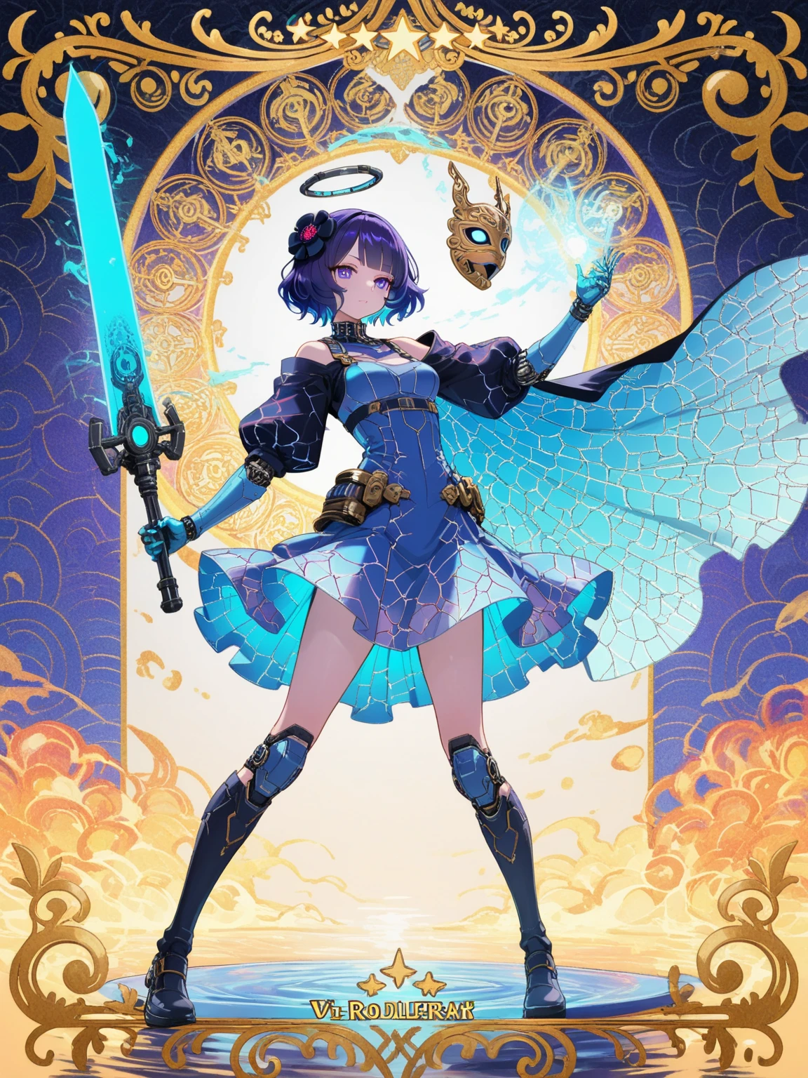 two-dimensional anime-style girl wearing Digimon Joker's modified battle armor，handheld holographic energy light blade posing a combat posture，weapon with cyber fluorescence pattern shows plasma blue light and nanoparticle flow effects，warframe combined with baroque shoulder carving The，asymmetrical cape, Ukiyo-e wave pattern with gothic rose inlay，facial makeup blends with Kabukikuma painting and Venetian mask geometric lines，hair tips showing neon purple gradient particle dissipation effects，ear suspension blooming Art Nouveau style mechanical iris，. The background is pure white with crystallized tarot card fragments and holographic data flow，combat effects include Van Gogh's《Starry Night》vortex light effect and Katsushika Hokusai《breathing effects》 dynamic particles ，human body proportions refer to CLAMP comics nine-headed body shape，combat boots inlaid with King Arthur's Legend of King Arthur, stone sword miniature relief，waist device projecting Leonardo da Vinci《 Vitruvians 》Golden ratio hologram，weapon grip inlaid with Zantian mosaic digital core，pupils show transparent watercolor Halo and cyberpunk iris scan pattern，. The material shows gimp power Light texture and thick paint strokes of Rembrandt oil painting，background conceals Mondrian geometric color block energy ripples and Japanese Rinpai gold leaf cloud pattern，The overall color scheme uses Monet's water lily blue-violet hues and the highly saturated green color of the first EVA model，weapon trajectory residue Hayao Miyazaki style transparent watercolor brushstrokes and holography Projection data code