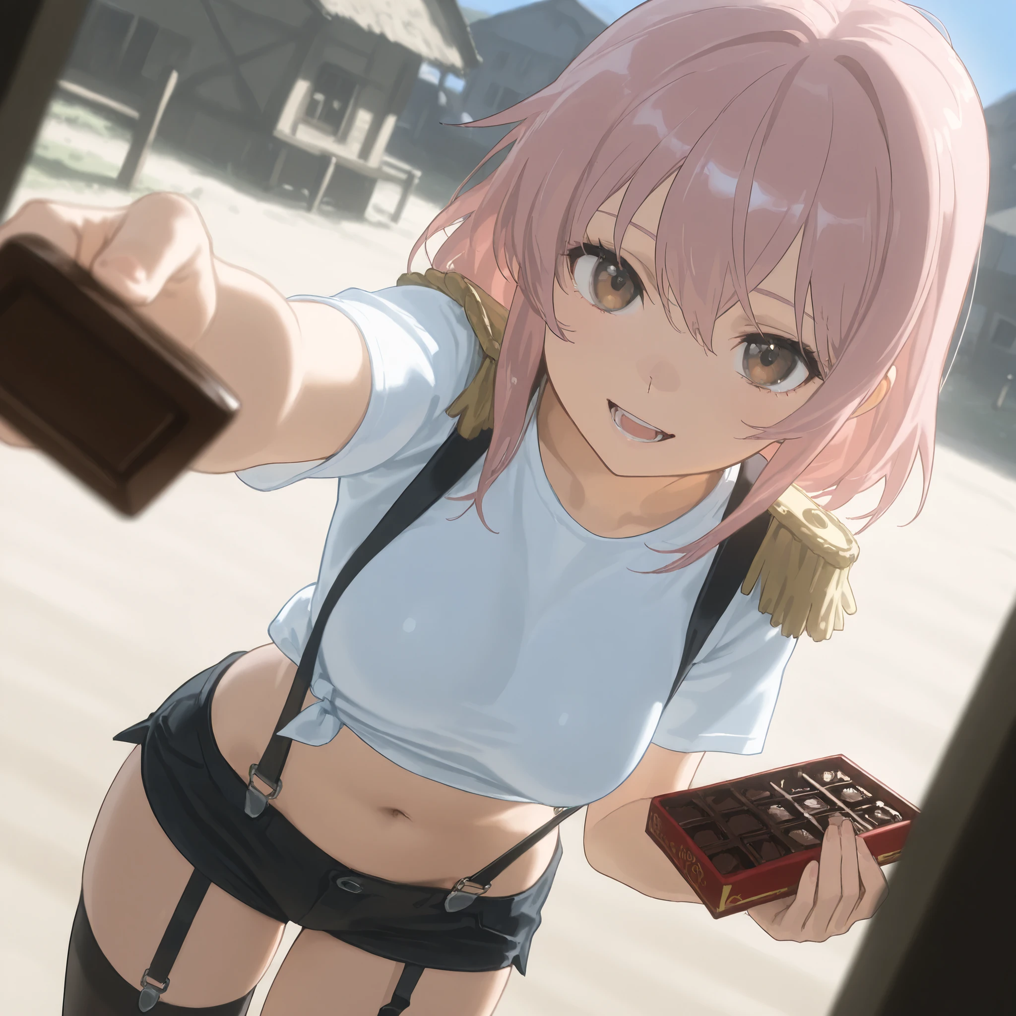 masterpiece, best quality, great quality, so beautiful, absurd, newest, scenery, 解剖学的にaccurate, 16k, ultra high resolution, accurate, Expressive, anime screenshot, anime coloring, (and a certain list of forbidden books on magic style),
break, and a certain list of forbidden books on magic, Arisa Meisato, brown eyes, pink hair, medium breasts, side lock, anime screenshot, villages with, belly button, shorts, superior, short shorts, garter strap, suspenders, fur trim, epaulette, village, Home, Community, countryside, farm, smile, incoming Food, chocolate, holding from uniform, holding from uniform chocolate, holding from uniform Food, Food, stare at the viewer, and open your mouth, blanking, smile, uniform, stare at the viewer, solo, , Dutch Angle, cowboy shot
break, perfect lighting,
break, depth of field, cinematic lighting, Motion Blur, Speedline, masterpiece, best quality, great quality, so beautiful, absurd, newest, scenery