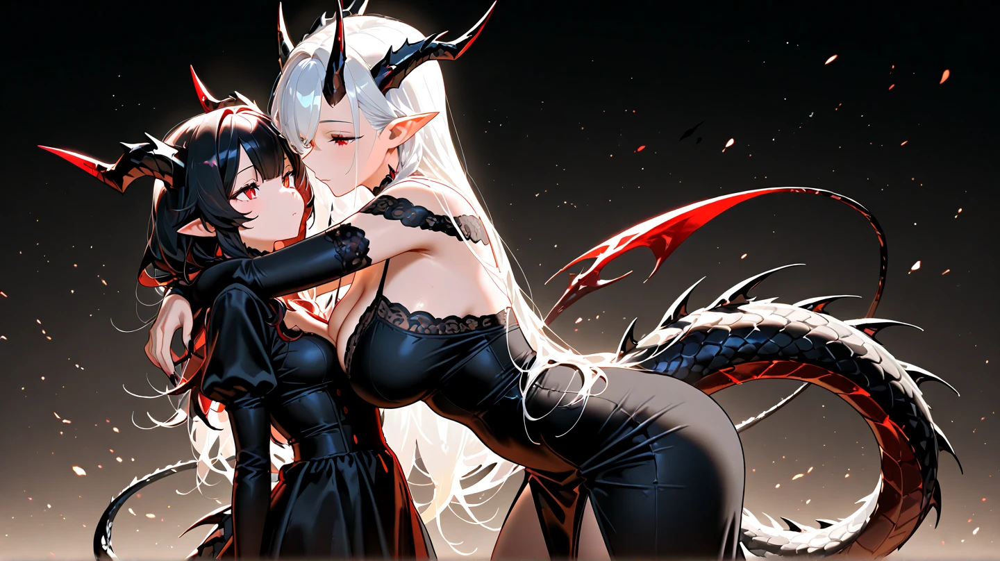 Two girls, big breasts, slim waist, большая зfromница, demons, red and black hair, Revealing clothing, from, fire, lava, lustful look,