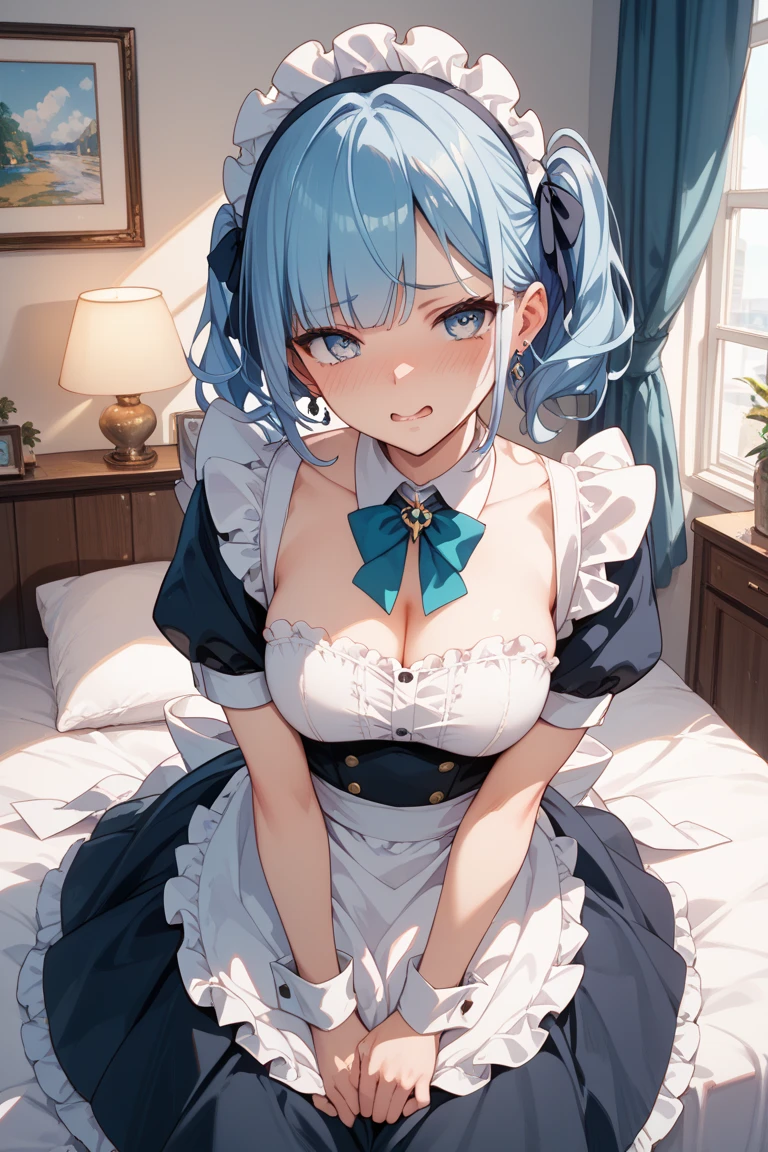 fiction、theme、masterpiece,highest quality,High resolution,Very detailed,like,Light blue hair、4K.8k.Graceful Face、woman、anime、beautiful、semi-long、Braided Headband、Hair Ribbon,hair ornaments,Off the shoulder,Removed sleeve、blazer、フリルのあしらったOff the shoulder、glittering clothes、White-based clothing, black, and light blue、Troubled expression、Ruffled clothes、Fluttering mini skirt、Ruffled mini skirt(black、gold、)、Big Breasts、beautifulな足、Expressive to the toes、The most beautiful woman、Japanese、I can see her cleavage、looking at the camera、Realistic breasts、I wear clothes、nsfw, (spread pussy:1.3)、oh.yes! (cum on breast)(1boy)(breast squeeze)(paizuri)、M-shaped legs、【cum in pussy(Vaginal ejaculation)】、【vaginal,sex(Insert)】【1boy】【penis】、Sitting with Knees Up on sofa at living, spread legs、
