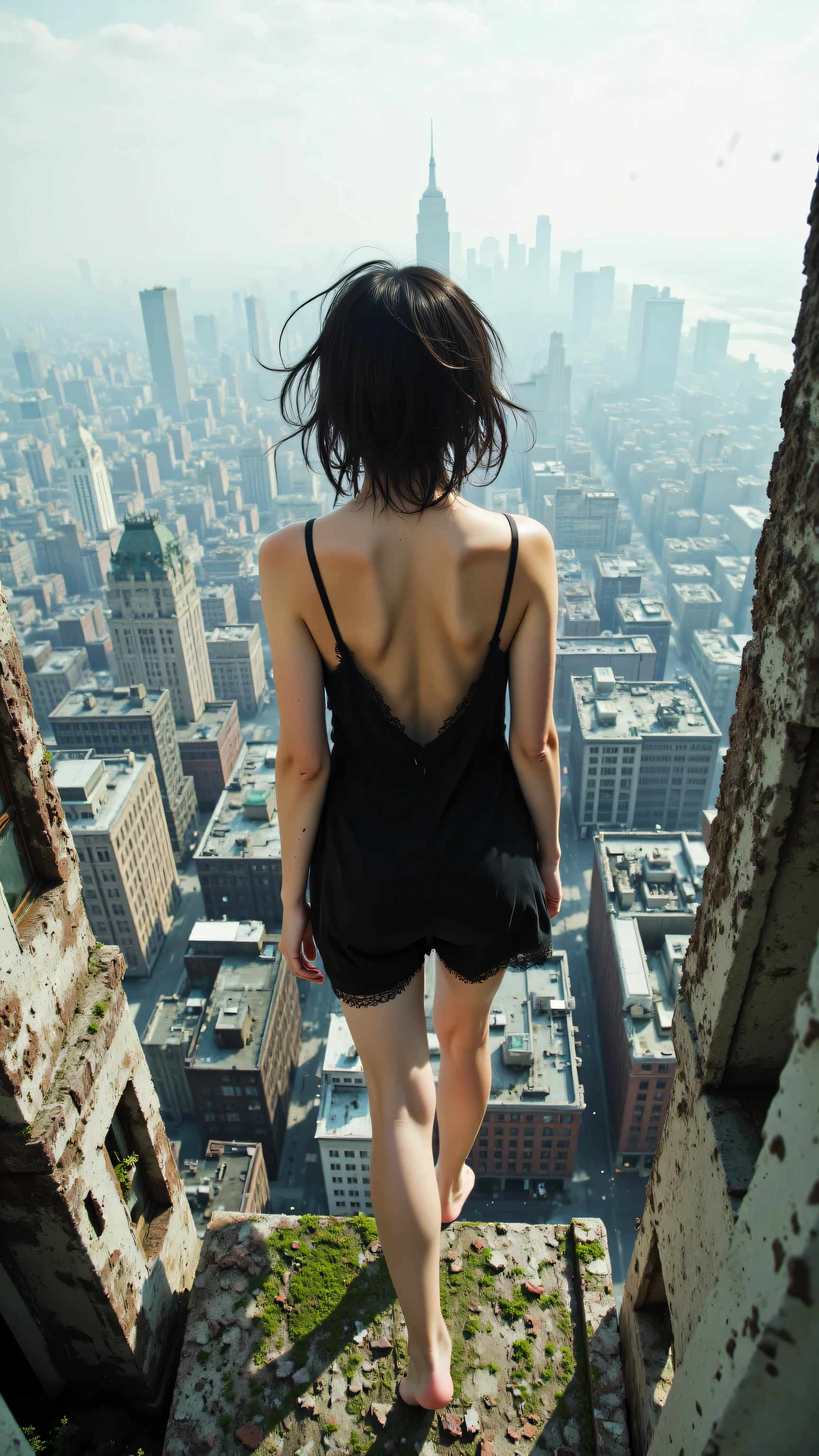 8k, Masterpiece, Top Quality, high angle shot, view from behind, woman with short dark messy windblown hair, standing barefoot on the edge of a high dilapidated building rooftop ledge, walking towards edge overlooking vast cityscape, wearing short black slip dress with lace trim, contemplative solitary pose, diffused overcast natural daylight, cool soft atmospheric lighting, hazy dystopian cityscape background, weathered concrete ledge with moss, floating particles