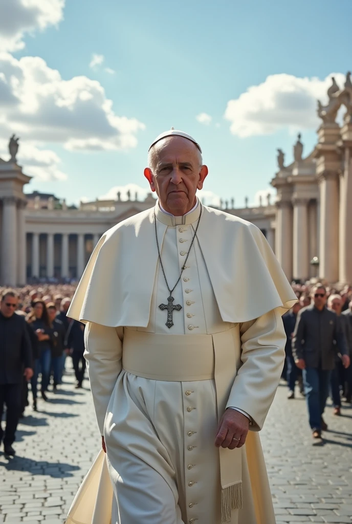 Pope Francis of the Vatican in an Adidas crop top, that her navel is visible, stopped, with the pizza tower in the background, posing in the street