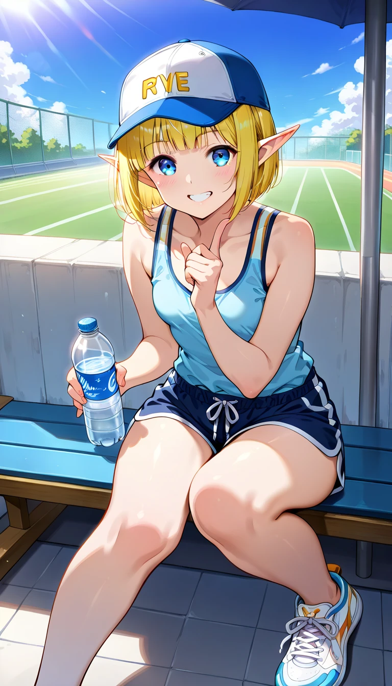 masterpiece, best quality, highres, aanero, ahoge, braid, single hair bun, red headband, green eyes, medium breasts, collarbone, gym uniform, white shirt, short sleeves, name tag, (red buruma:1.2), bare legs, <lora:nero_claudius_(fate)_v1:0.7>, sitting, bench, (sweat:1.1), holding bottle, outdoors