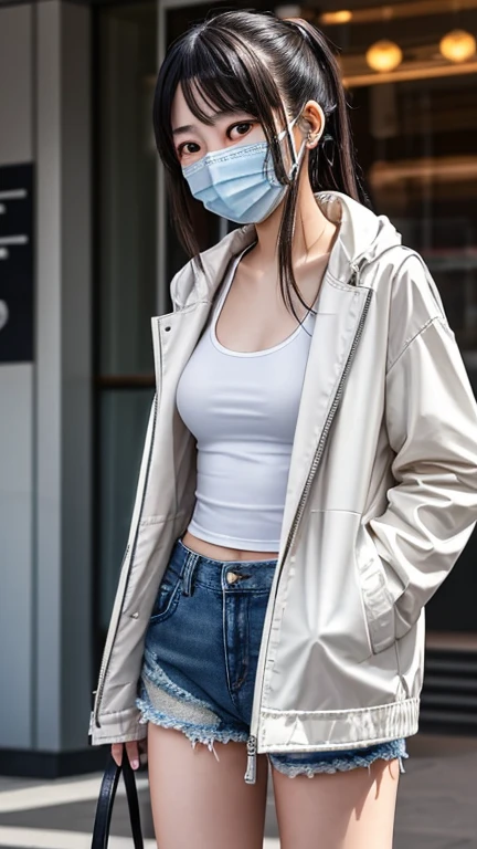 (Ultra Realistic), (Illustration), (Increased Resolution), (8K), (Extremely Detailed), (Best Illustration), Beautiful and cute girl, white and smooth skin, nice and thin body, red cheeks, wearing a neon black Hoodie, wearing shorts, shoes, wearing a mask, long black hair, is in a cyberpunk city at night and it's raining, the camera angle is below and a Far.