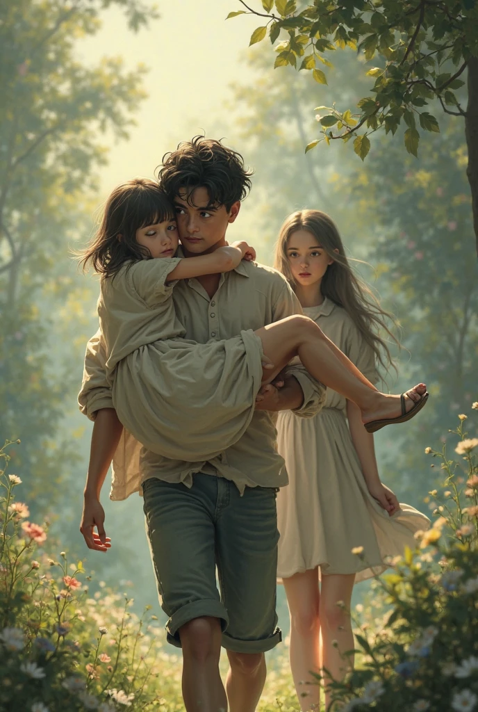 In a forest, a teeneger boy (blue shirt and green rotten pants halfway down his legs, no shoes, very flowing brown hair), ((Peter Pan style)) and a teeneger girl (dress and blouse in neutral tones almost medieval clothes ), light brown hair at shoulder length, are sitting under a tree. The boy's expression is one of joy, the girl's expression is one of sadness. It's an autumn dark afternoon, dry leaves cover the ground. Very detailed design, Gustave Dore style. The clothes remind us of Grimm Brothers tales