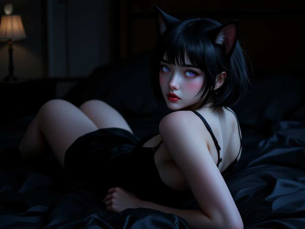 Naked anime cat girl with black hair and black cat ears , having sex with a wolf