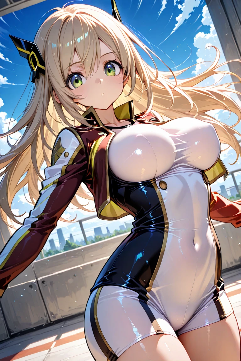 score_9, score_8_superior, score_7_superior, sauce_anime, kaorukotenkawa, Kaoruko Tenkawa, Long Hair, blue eyes, Blonde, bow, hair bow, yellow bow, gloves, heart, elbow gloves, Magical girl, yellow gloves, Outdoor, Cityscape, smile, View your viewers, Dutch Angle, Cowboy Shot,Flat Chest、topless、Showing nipples