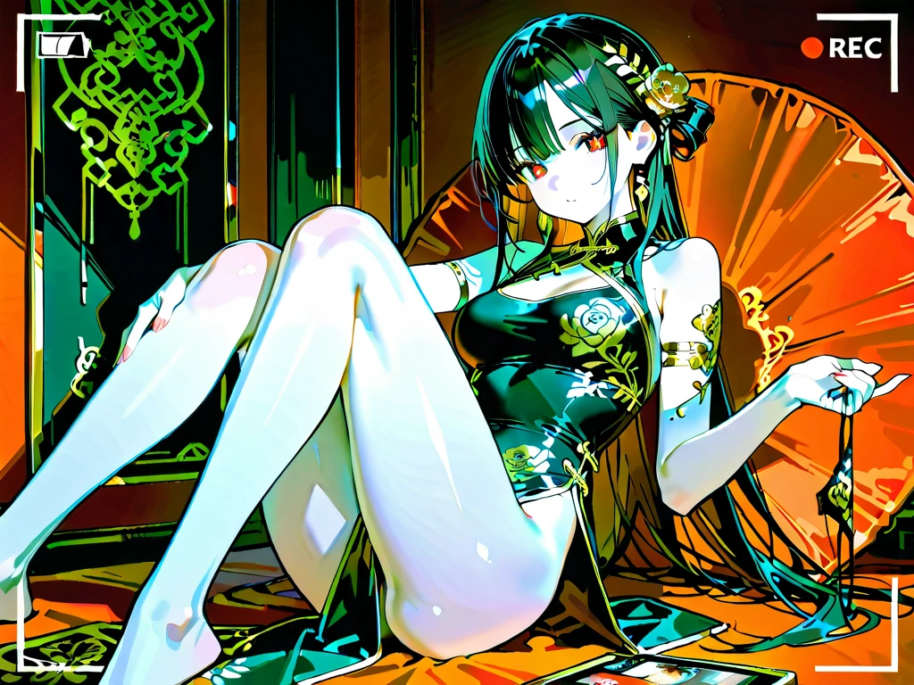 Total focus on a Japanese woman with black bangs on a divine link Gorgeous dress in a turquoise palace in a fanciful and mystical aura and environment with colorful corals + close-up full-body showing, pose, cinematics, detailed pretty face, Exquisite details, 8k UHD, ultimate brushing, master brushwork, trending on artstation, master drawing, masterpiece