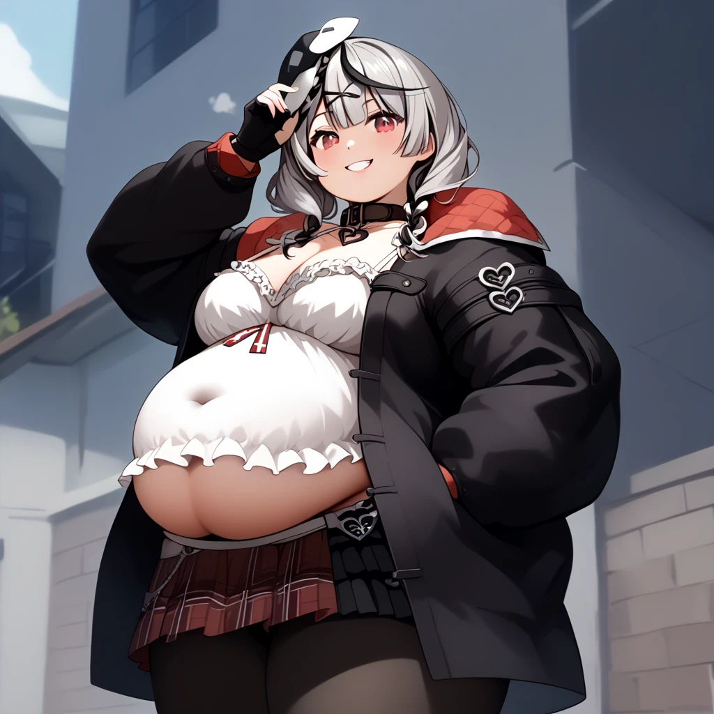 1girll, White hair, red eyes, nabel, looking at viewert, hand on hips, black black jacket, dolphinshorts, groin, (white shirt:1.2), pigtails, Very long hair, Wide buttock,
underbust,The shirt,
The large\(BodyProportions\),Pregnant belly, maternity attire for pregnant women,maternity dress,pregnant belly,Pregnant belly