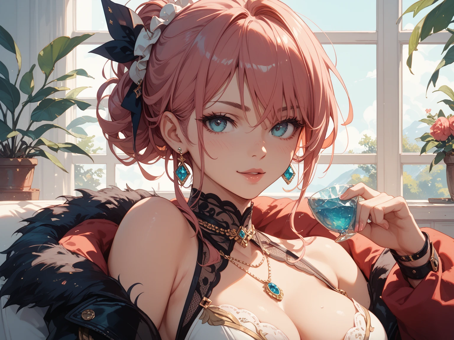 Highest quality、highest quality、Highest Resolution、beautiful girl, Bright red hair,Short Hair(Inward Curling Bob)、Big Tits、 Detailed purple eyes, White luxury dress,Firm breasts,Big cleavage、necklace、Earrings、In close range、Sexy look、Poses that accentuate the chest